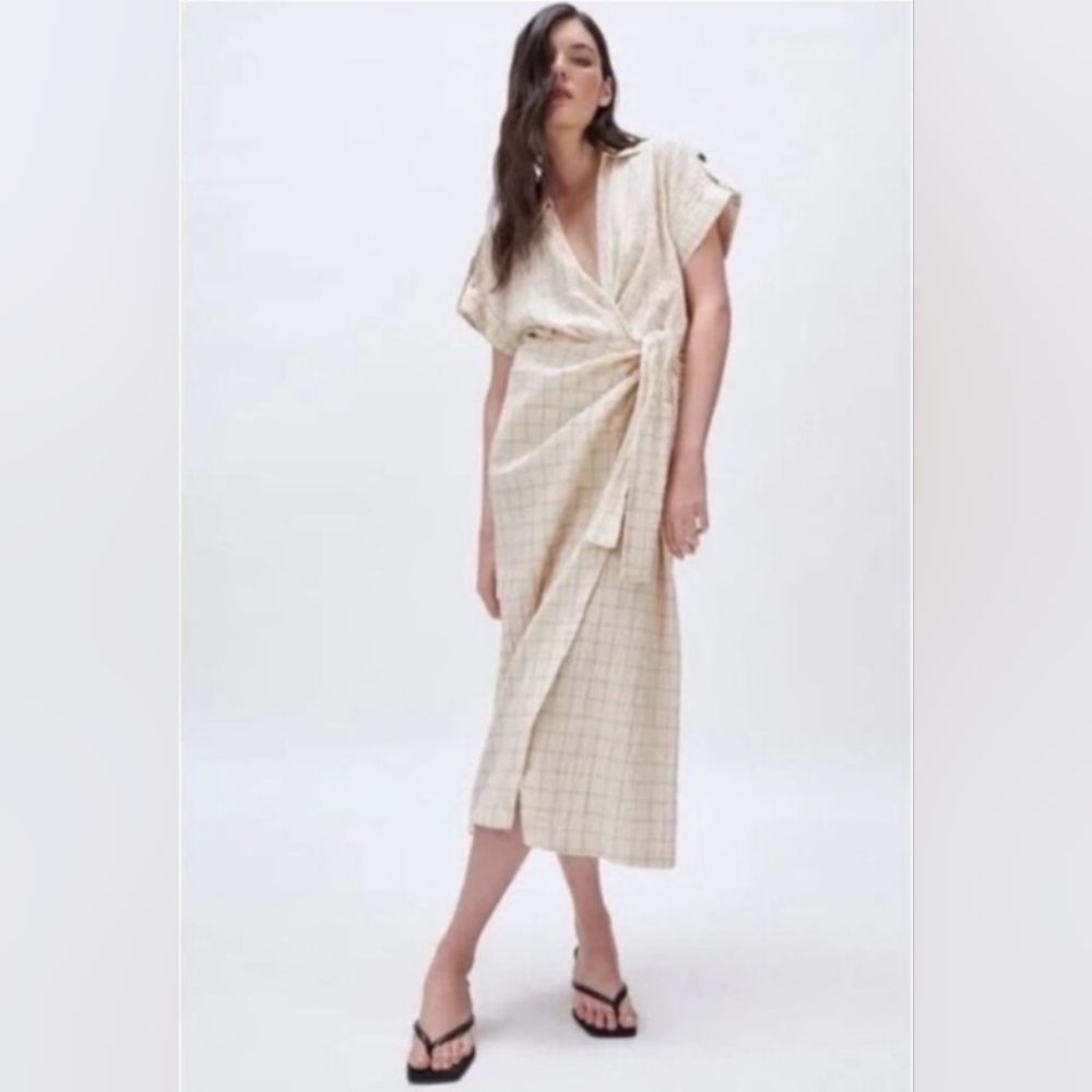 Zara Windowpane Linen Tie Wrap Dress